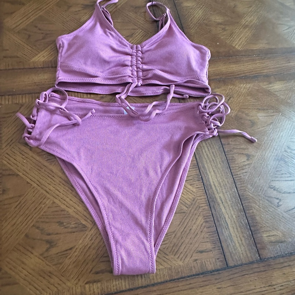 ZAFUL V Neck Bikini Set Ruched Tie Front High Waisted Ribbed 2 Piece 6 M - Picture 5 of 9